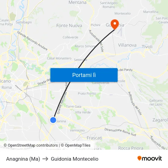 Anagnina (Ma) to Guidonia Montecelio map
