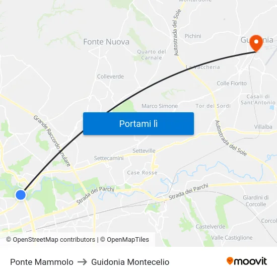 Ponte Mammolo to Guidonia Montecelio map