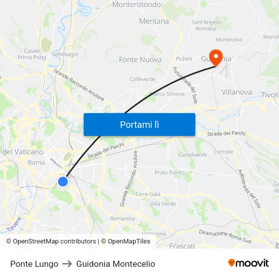 Ponte Lungo to Guidonia Montecelio map