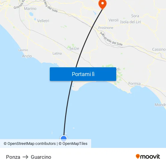 Ponza to Guarcino map