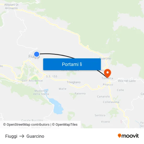 Fiuggi to Guarcino map
