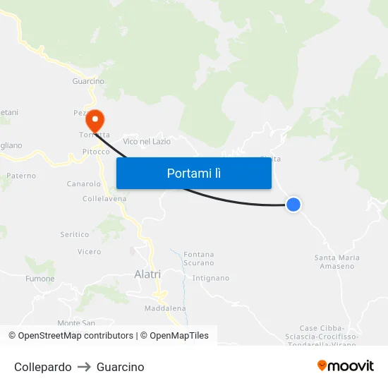 Collepardo to Guarcino map