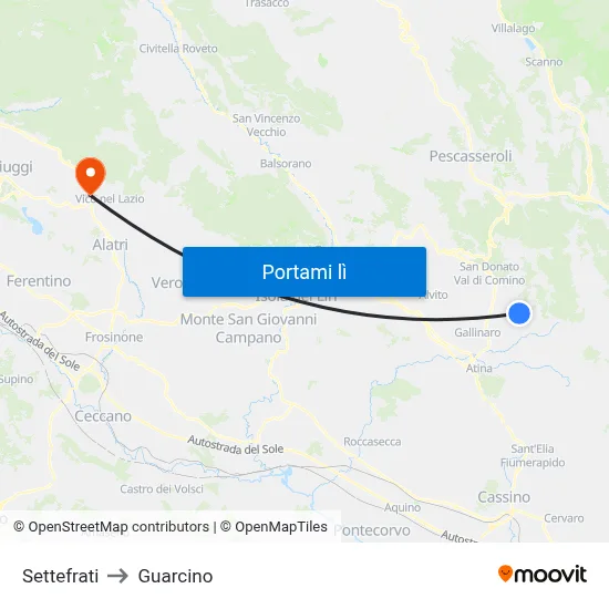 Settefrati to Guarcino map