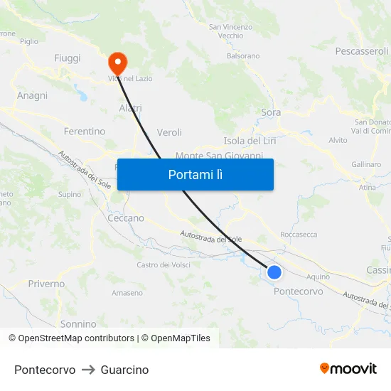 Pontecorvo to Guarcino map