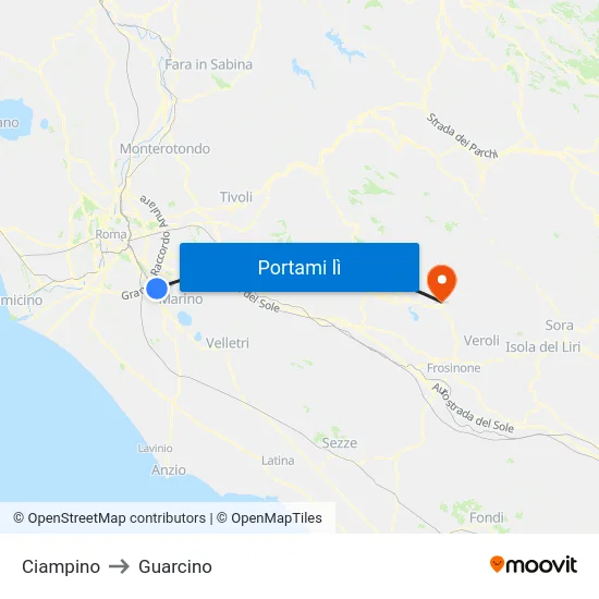 Ciampino to Guarcino map