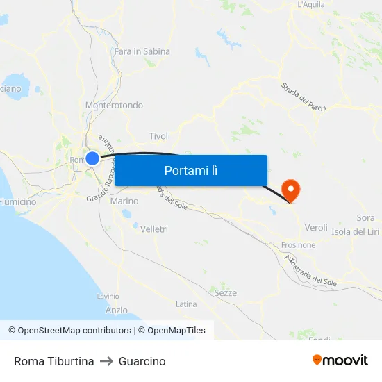 Roma Tiburtina to Guarcino map