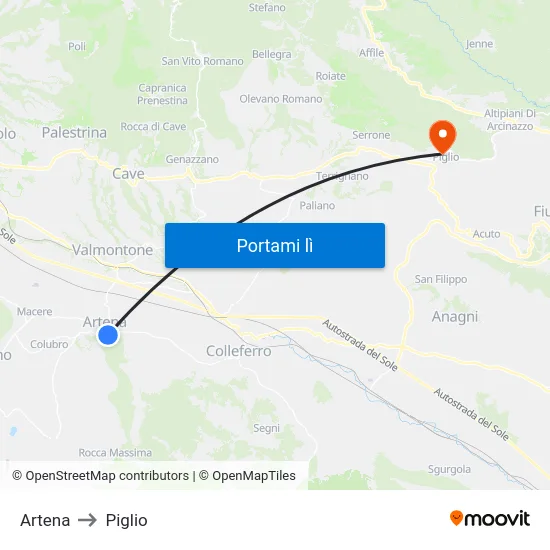 Artena to Piglio map