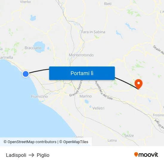 Ladispoli to Piglio map