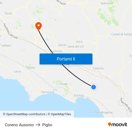 Coreno Ausonio to Piglio map