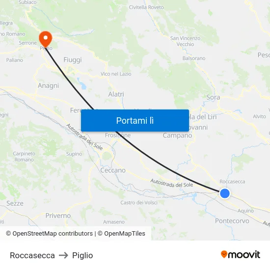 Roccasecca to Piglio map
