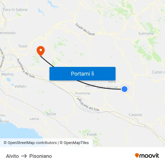 Alvito to Pisoniano map
