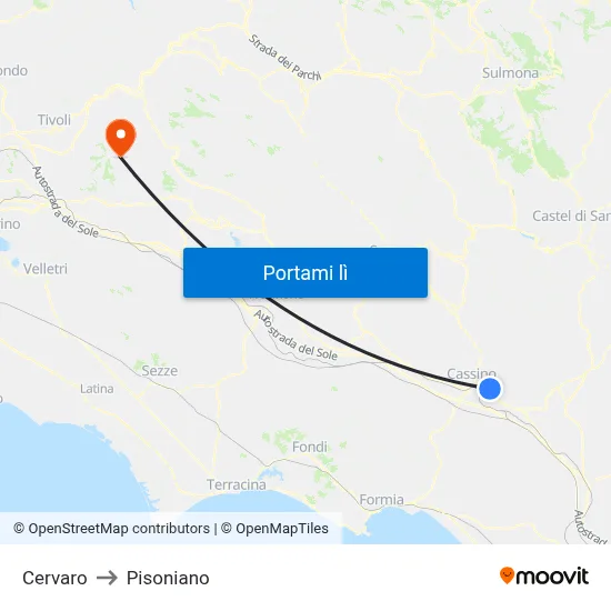 Cervaro to Pisoniano map