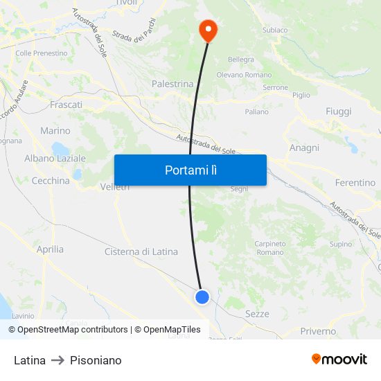 Latina to Pisoniano map