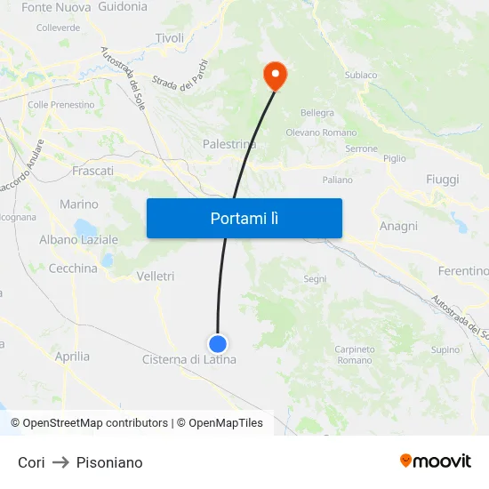 Cori to Pisoniano map