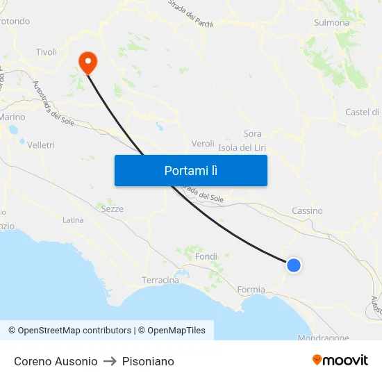 Coreno Ausonio to Pisoniano map