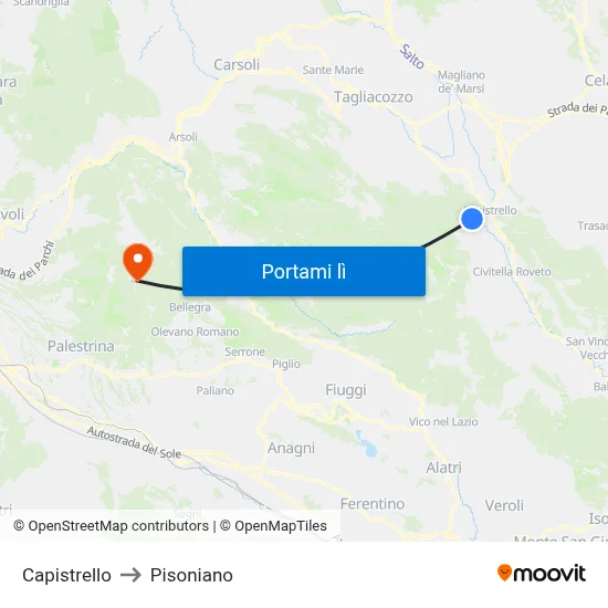 Capistrello to Pisoniano map