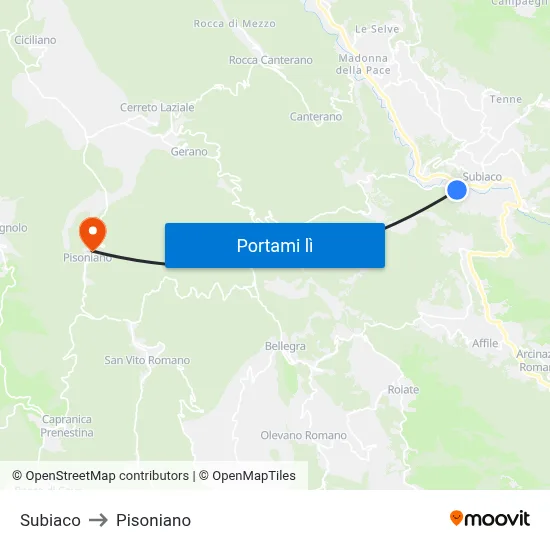 Subiaco to Pisoniano map