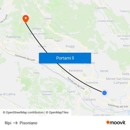 Ripi to Pisoniano map