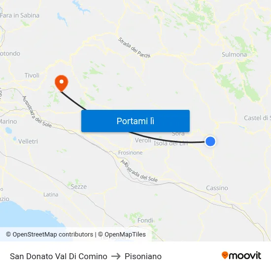 San Donato Val Di Comino to Pisoniano map