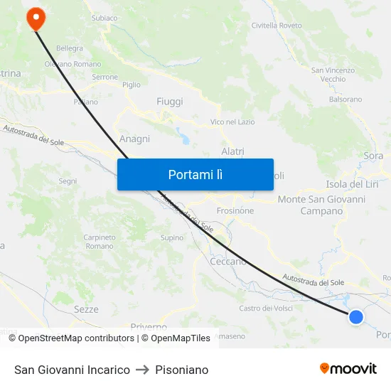 San Giovanni Incarico to Pisoniano map