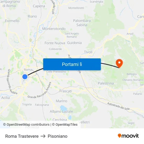 Roma Trastevere to Pisoniano map