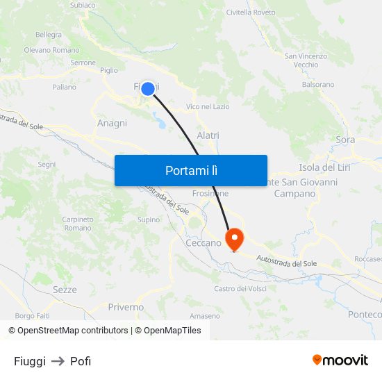 Fiuggi to Pofi map