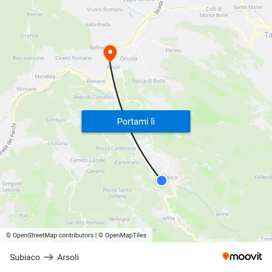 Subiaco to Arsoli map