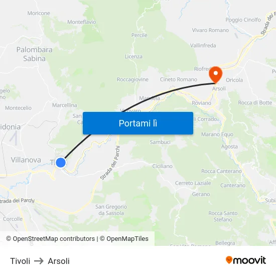 Tivoli to Arsoli map