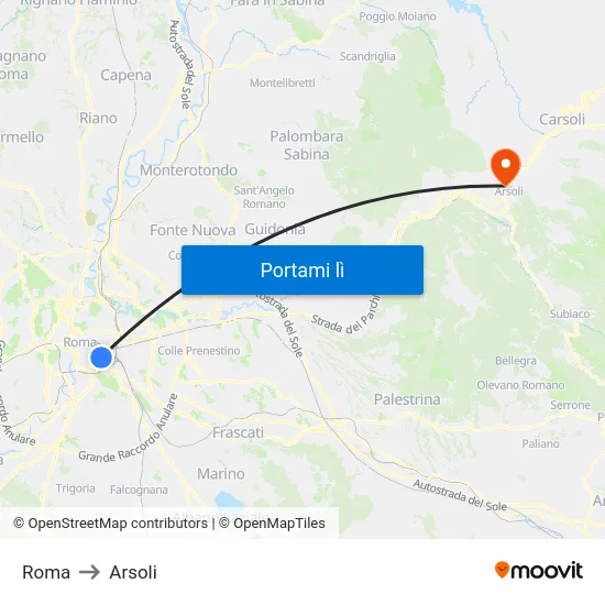 Roma to Arsoli map