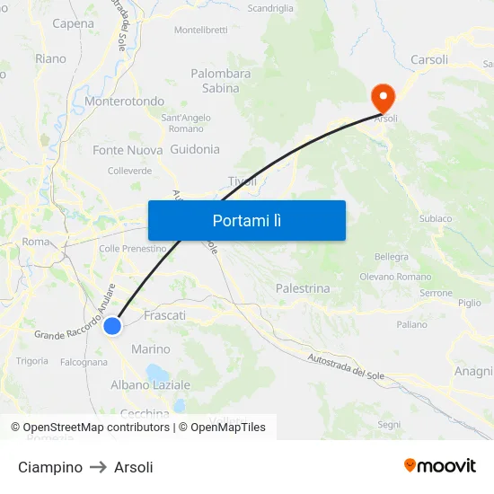 Ciampino to Arsoli map