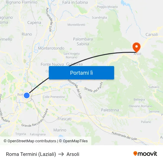 Roma Termini (Laziali) to Arsoli map