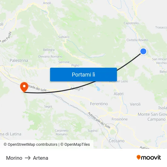 Morino to Artena map