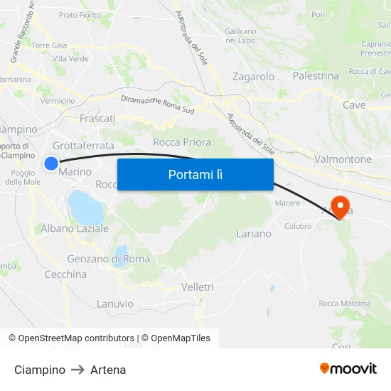 Ciampino to Artena map