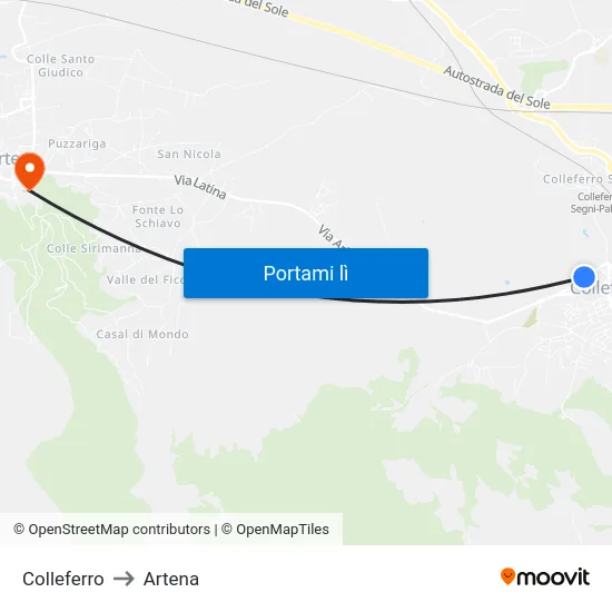 Colleferro to Artena map