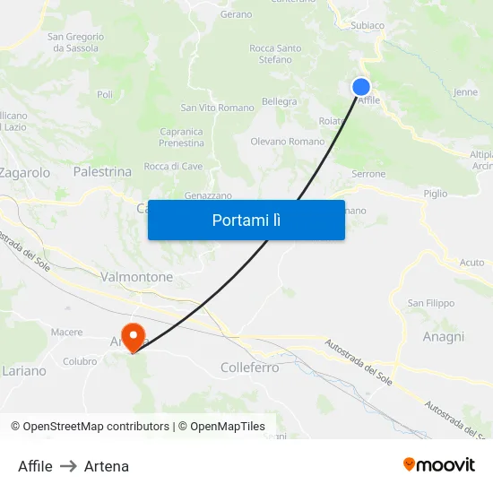 Affile to Artena map
