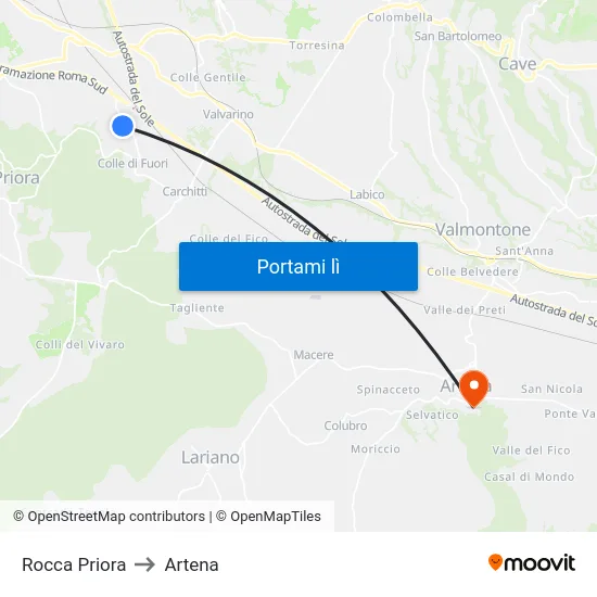 Rocca Priora to Artena map