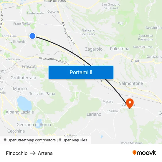 Finocchio to Artena map