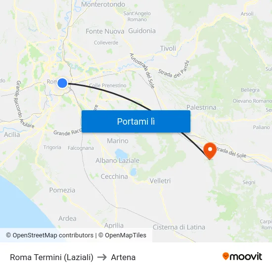 Roma Termini (Laziali) to Artena map