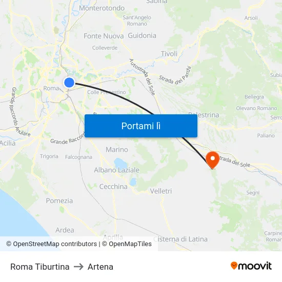 Roma Tiburtina to Artena map