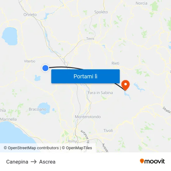 Canepina to Ascrea map