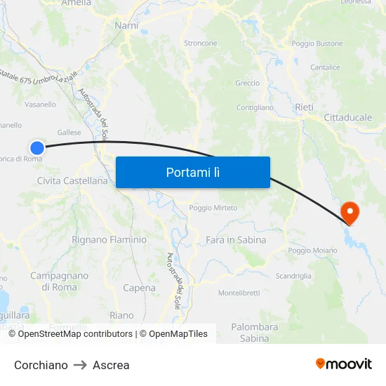 Corchiano to Ascrea map
