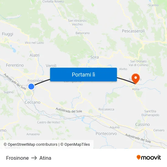 Frosinone to Atina map