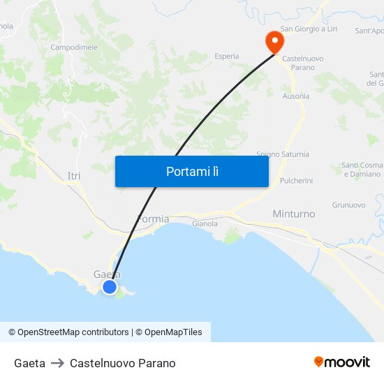 Gaeta to Castelnuovo Parano map