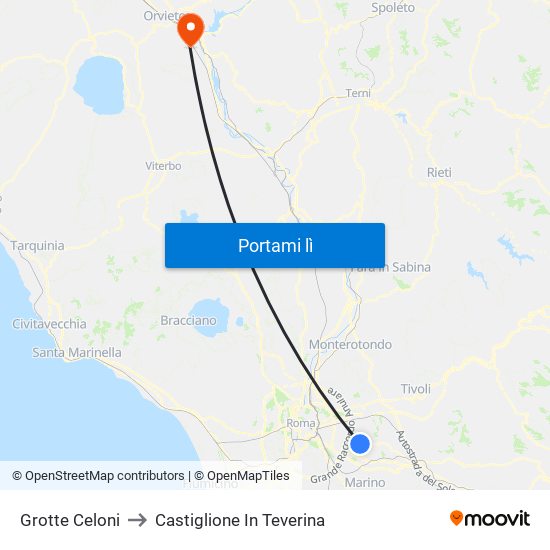 Grotte Celoni to Castiglione In Teverina map