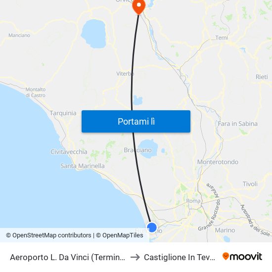 Aeroporto L. Da Vinci (Terminal T2) to Castiglione In Teverina map