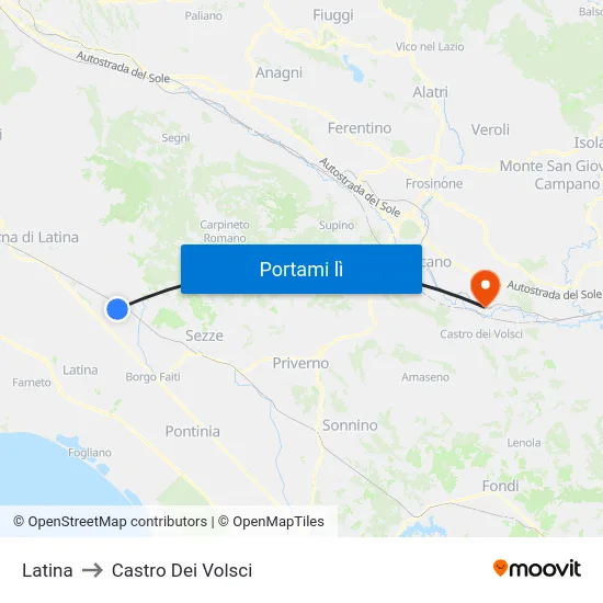 Latina to Castro Dei Volsci map