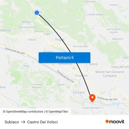 Subiaco to Castro Dei Volsci map