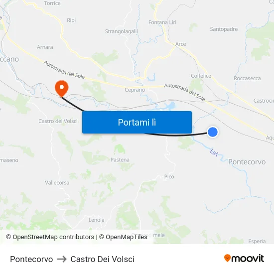 Pontecorvo to Castro Dei Volsci map