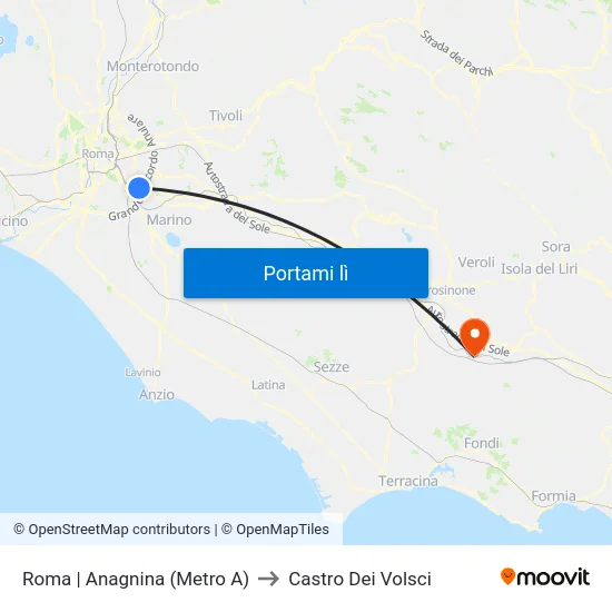 Roma | Anagnina (Metro A) to Castro Dei Volsci map