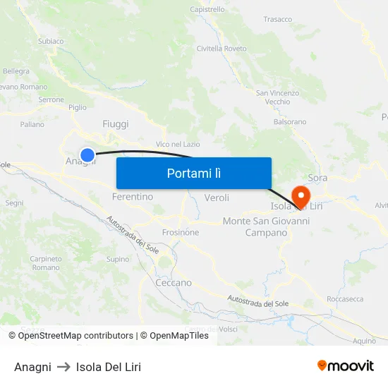Anagni to Isola Del Liri map